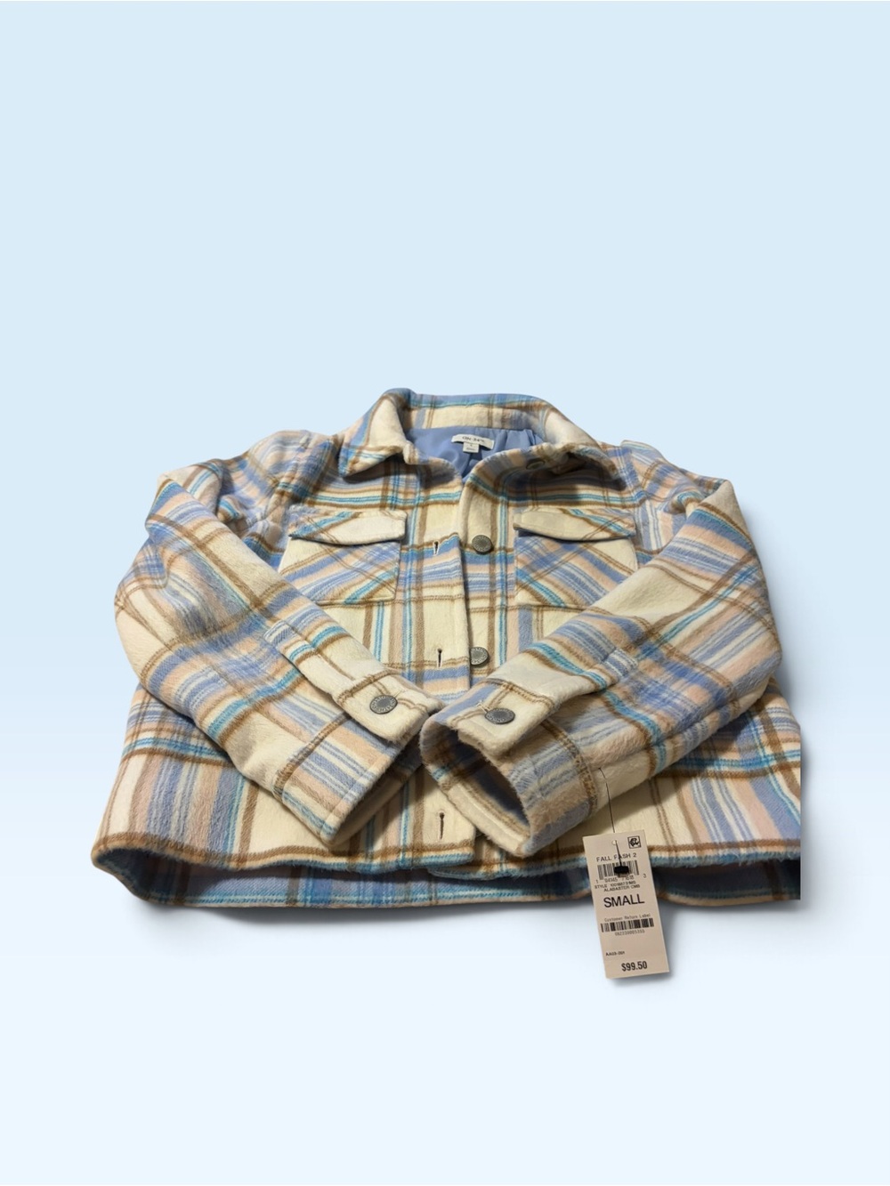 On 34th Plaid Button-Up Shacket in Cream & Blue - Small